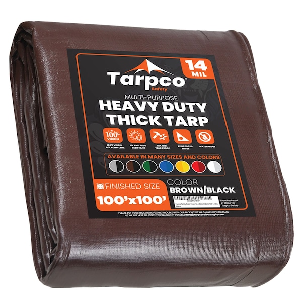 Tarpco Safety Heavy Duty Tarp, 100 ft L x 0.5 mm H x 100 ft W, 14 Mil, Brown/Black, Polyethylene TS-102-100X100 - main